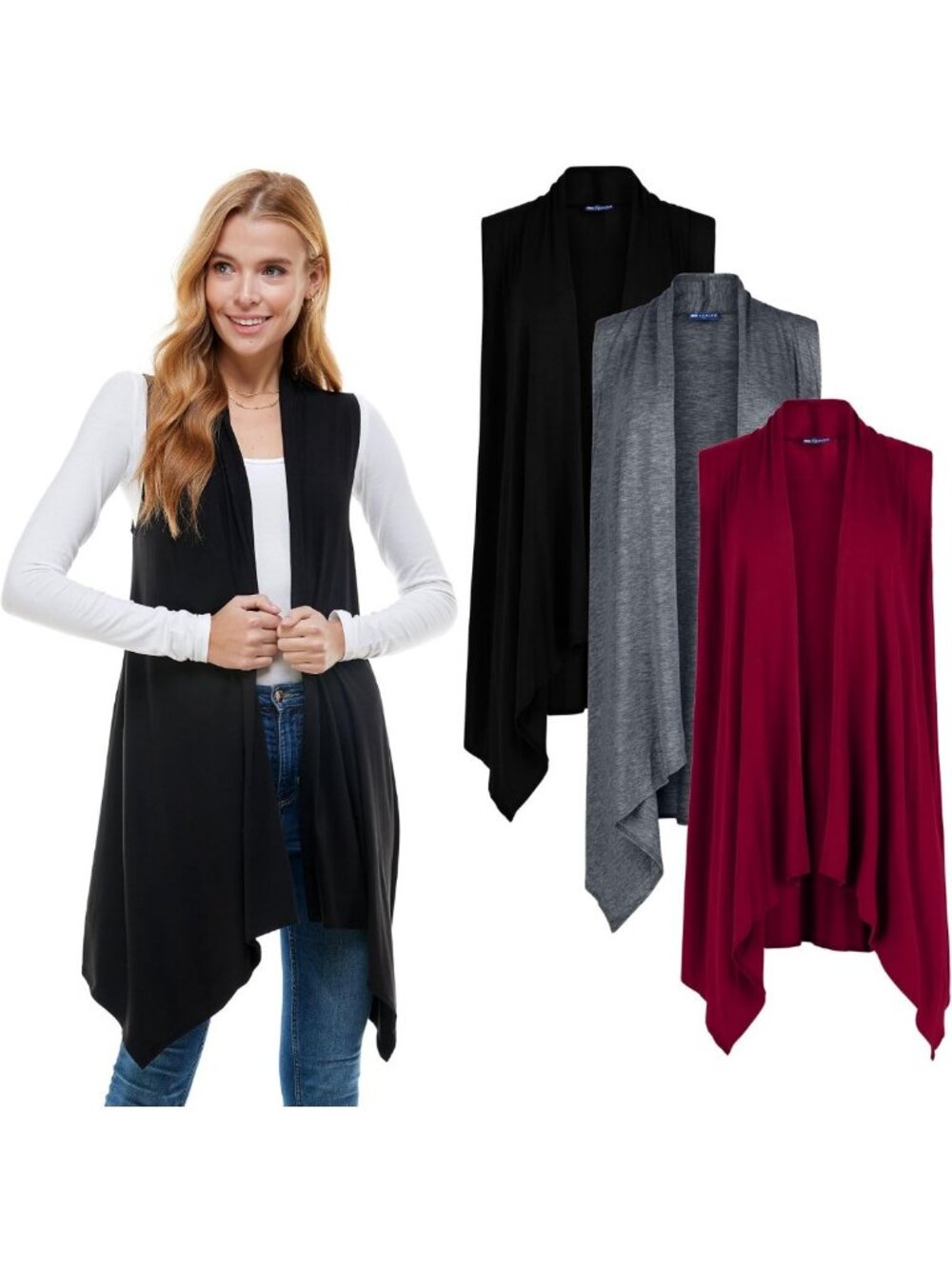 Soft Lightweight Sleeveless Duster Cardigan Vest for Women - 3 Pack, Open Front